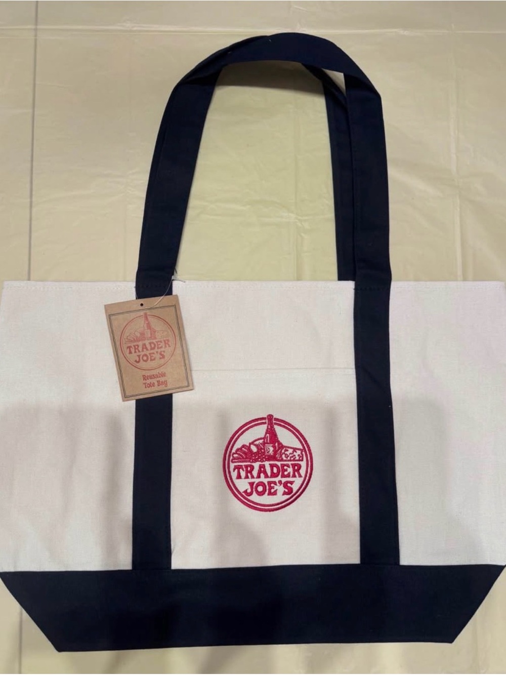 Trader Joe's Canvas Tote in Cream with Black Trim and Red Logo